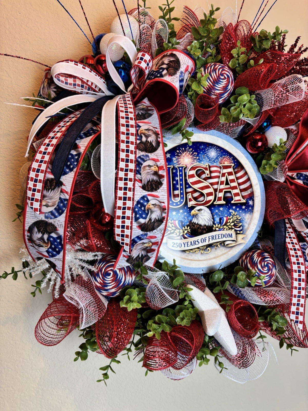 Patriotic Wreath USA Flag Red White Blue Front Door Decor American Eagle