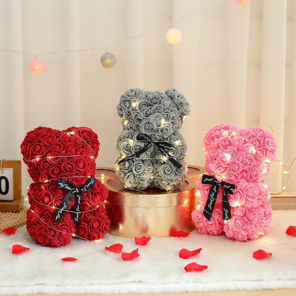 25CM Teddy Rose Bear in Box Romantic Gift for Girlfriend Mom Anniversary Wedding