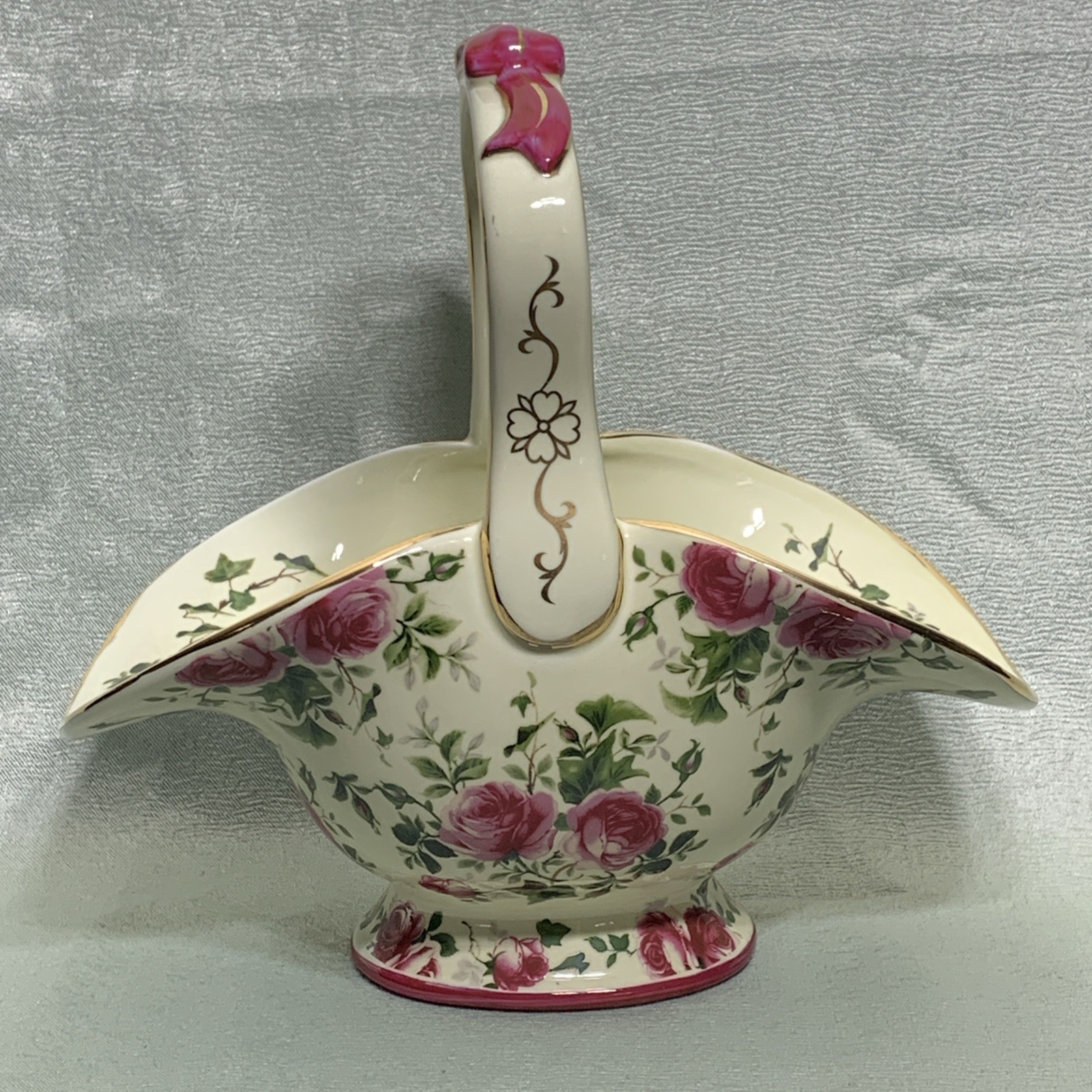 Beautiful Floral Pink Rose And Gold Trimmed Porcelain Basket 11” X 11”X6”