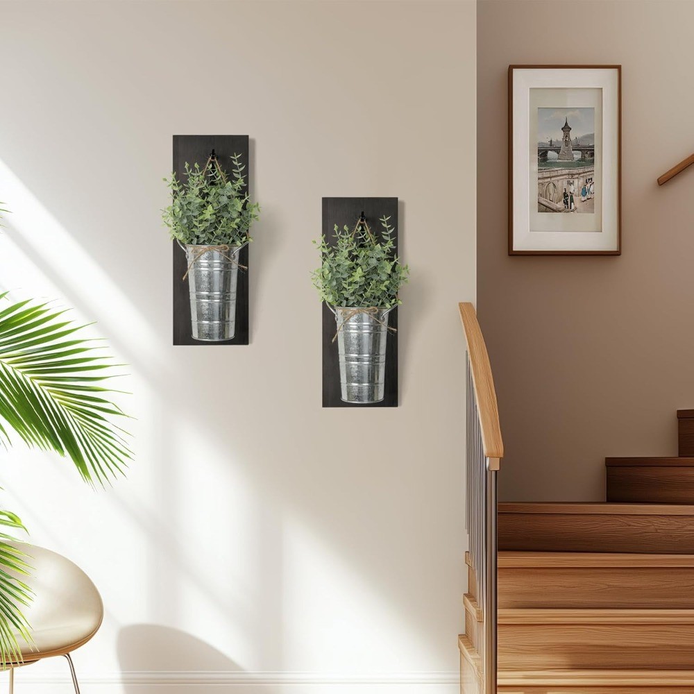 Set of 2 Wood Hanging Planters with Artificial Eucalyptus, Wall Decor