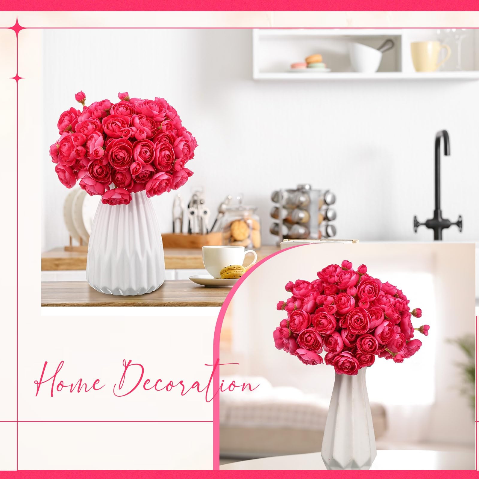 48 PCS Hot Pink Ranunculus Silk Faux Peonies Artificial Flower Bouquet Home