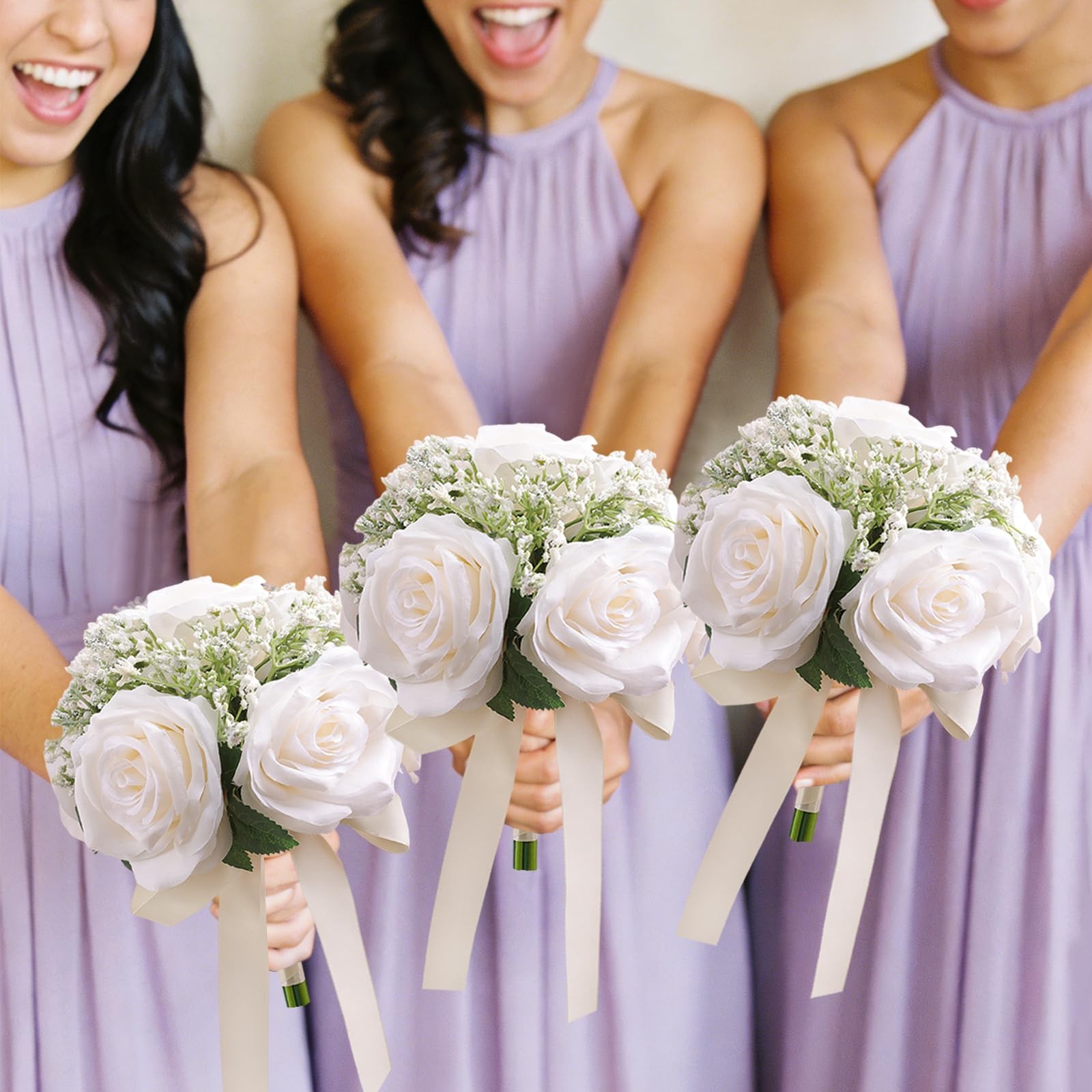 6.5 Inch Bridesmaid Bouquet Set of 6, Ivory Wedding Bouquets for Bridesmaids,…