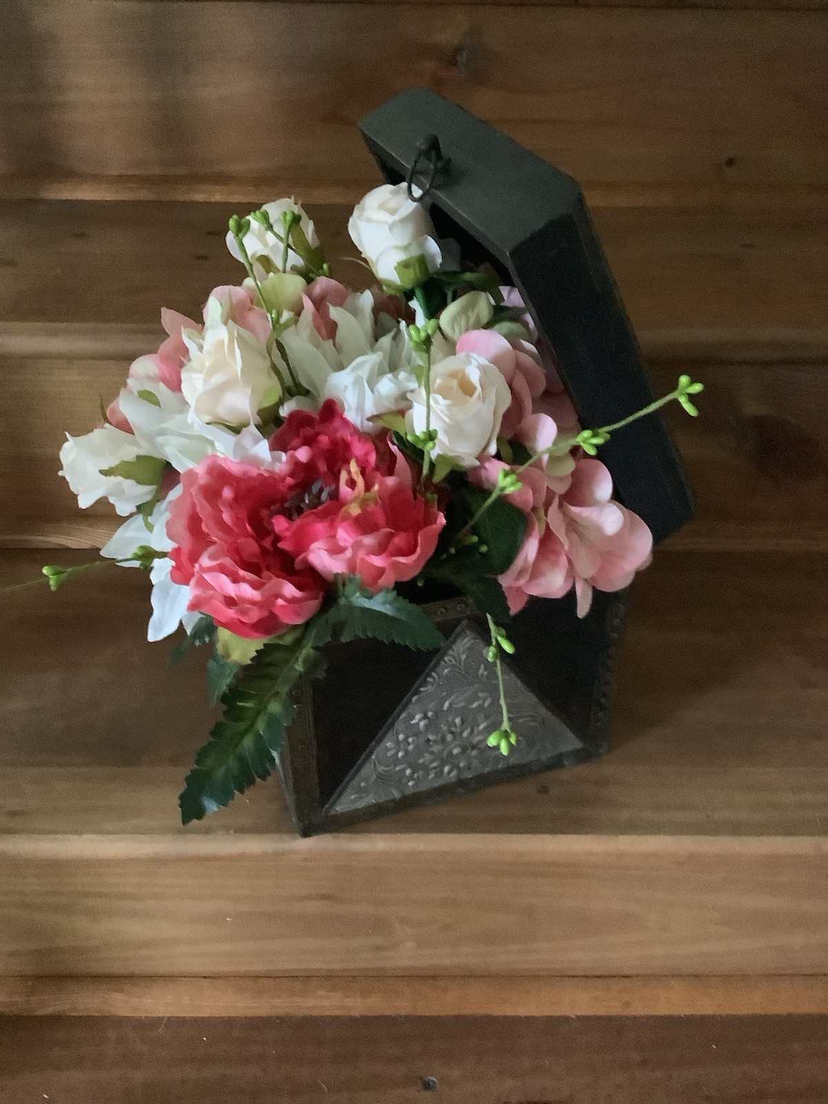Artificial Pink & White Rose Floral Arrangement Centerpiece, Green, Table Decor