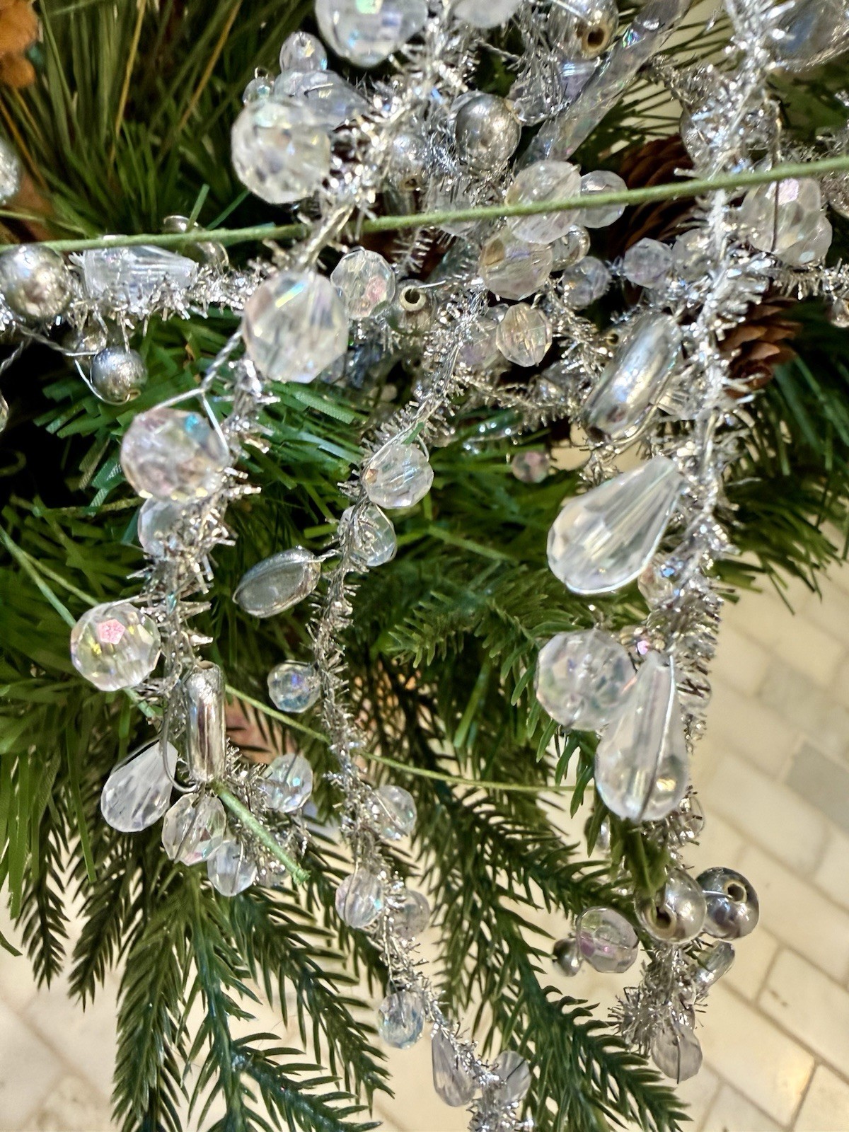 Silver & Clear Beaded Wired Tinsel Branch Stem Christmas Tree Pick 24” Long