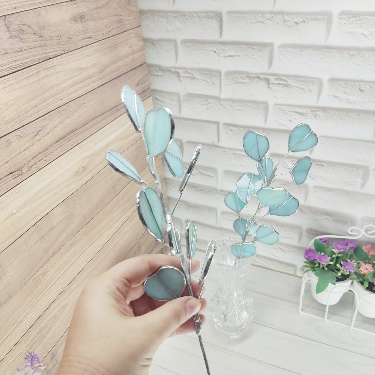 Stained glass eucalyptus branch, glass eucalyptus, plant stake for vase or garde