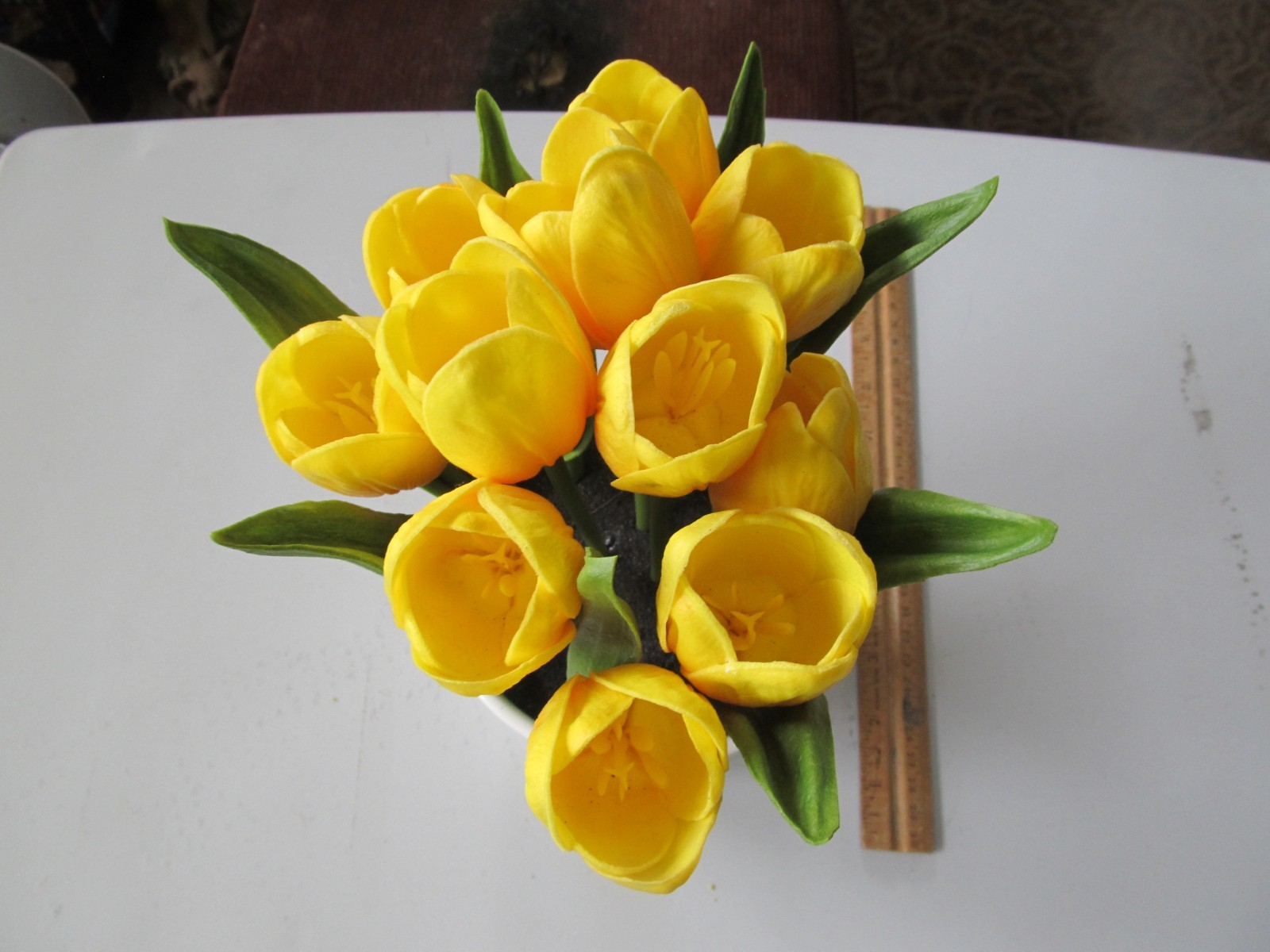 11 Faux Flowers Artificial Yellow Tulips with 5 Inch Ceramic Beige Vase