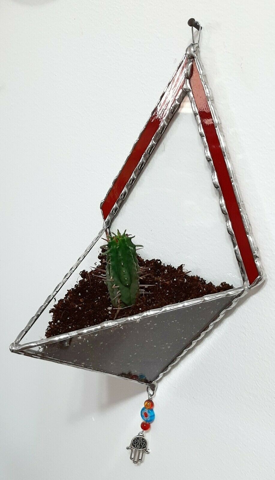 Transparent Terrarium in Shaped of Diamond Stained Glass with Red frame