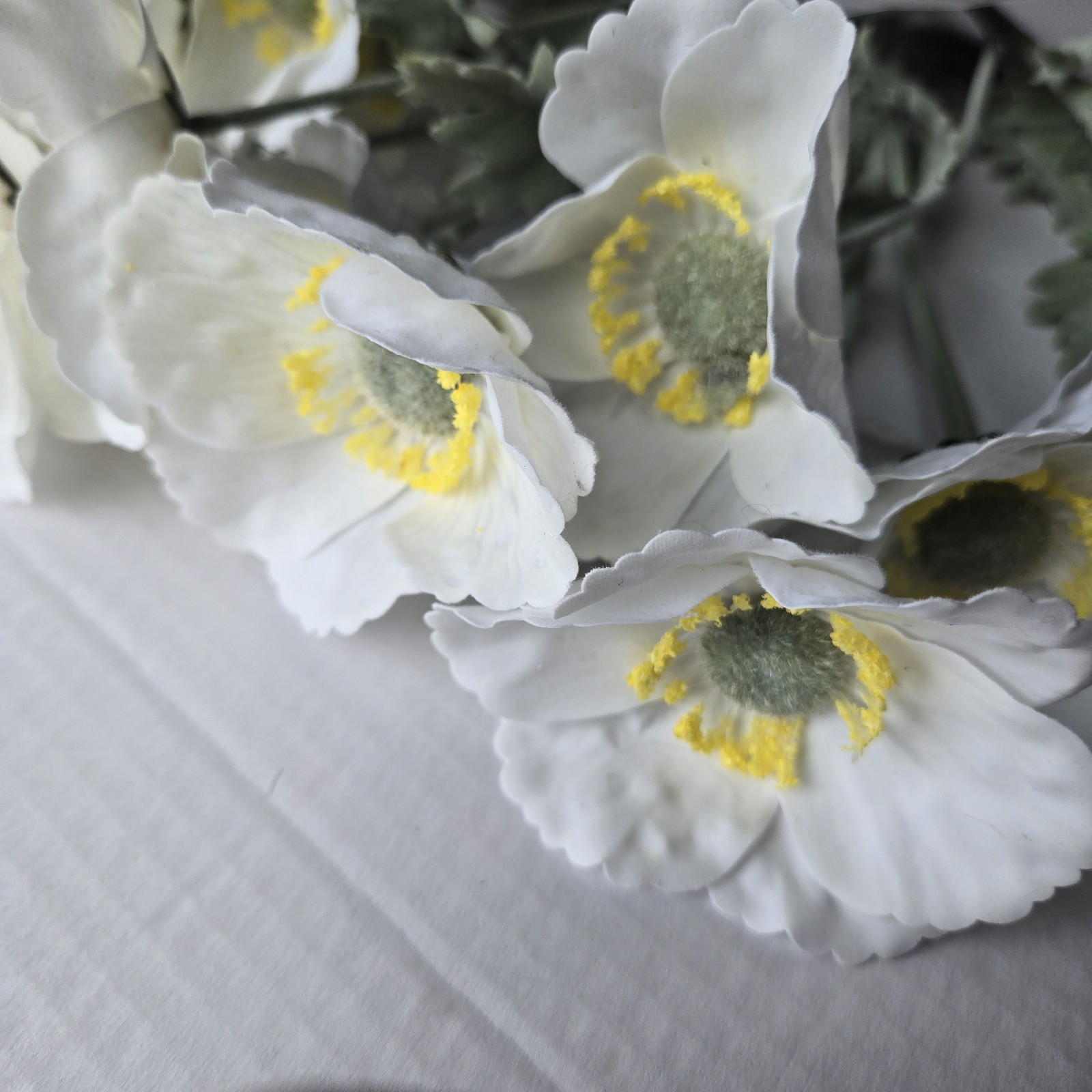 My Texas House Floral Stems, 4 Faux White Poppies w/yellow centers, Artificial