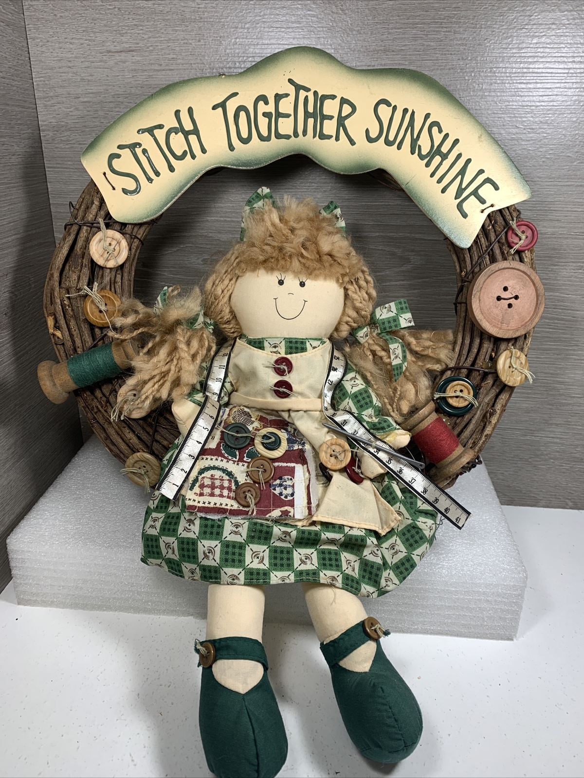 “Stitch Together Sunshine” Round Wooden Wreath Farmhouse Door Sign Wall 13.5”