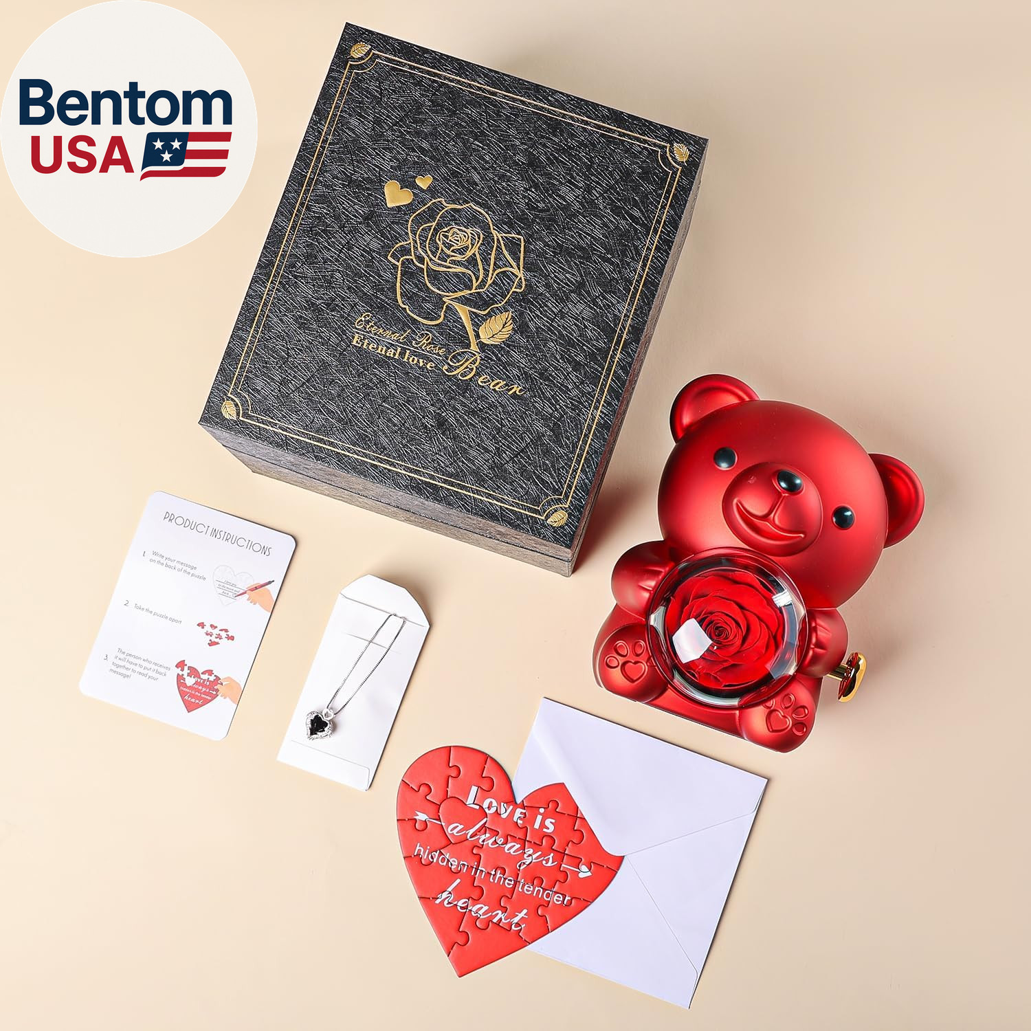 Cute Teddy Bear with Preserved Rose – a Real Rose Flower in Bear with Elegant Gi