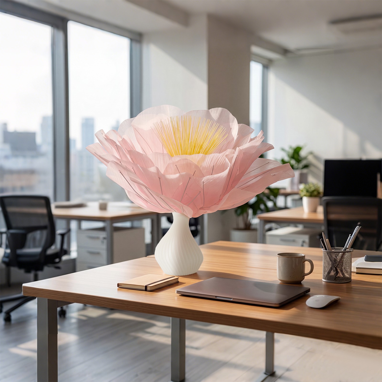 Desktop Pink Organza Artificial Flower With Vase Atmosphere Lamp Ornament