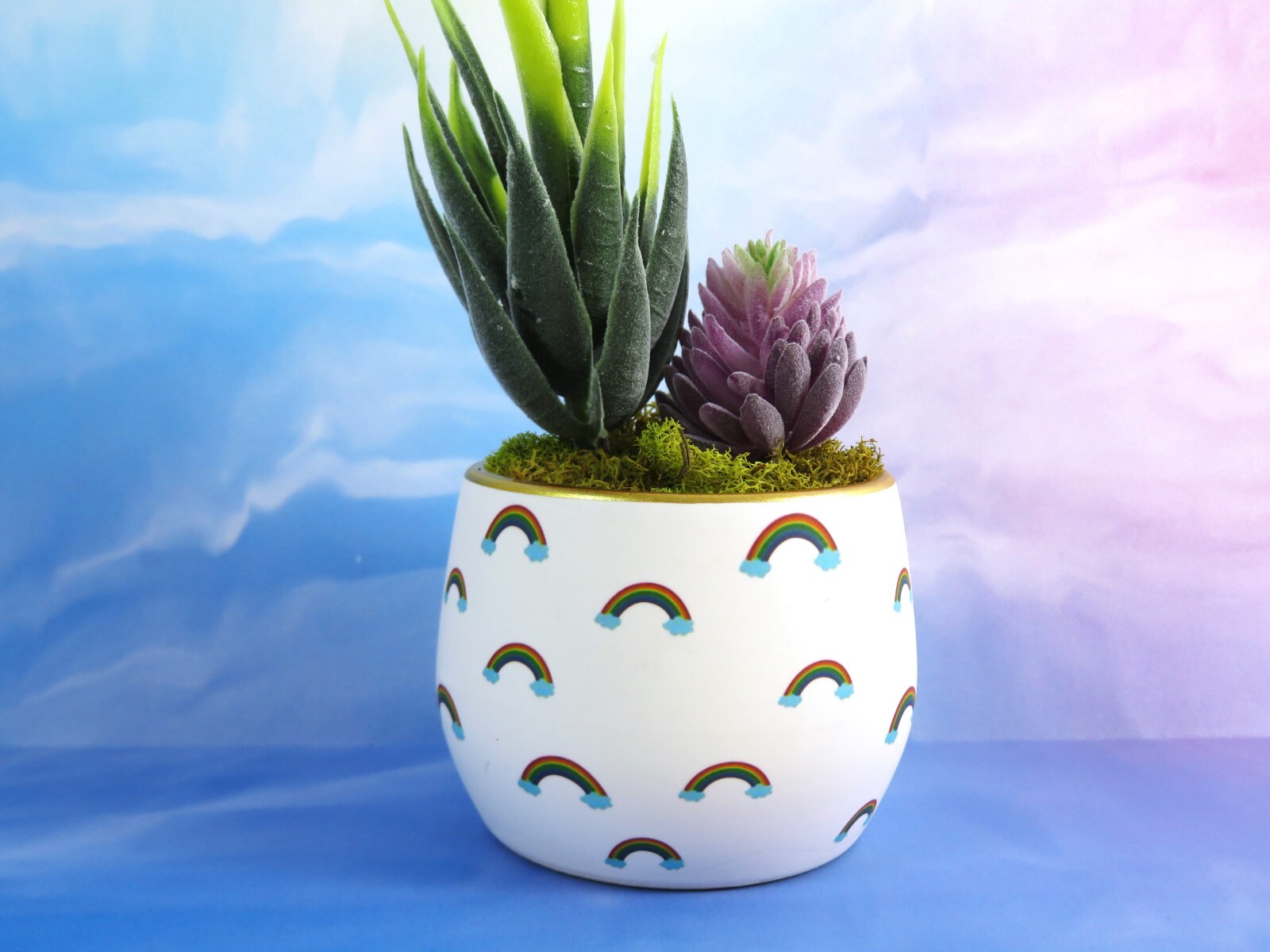 Mini Rainbows Ceramic Planter With Artificial Succulents Gold Rim 2.5 Inch New