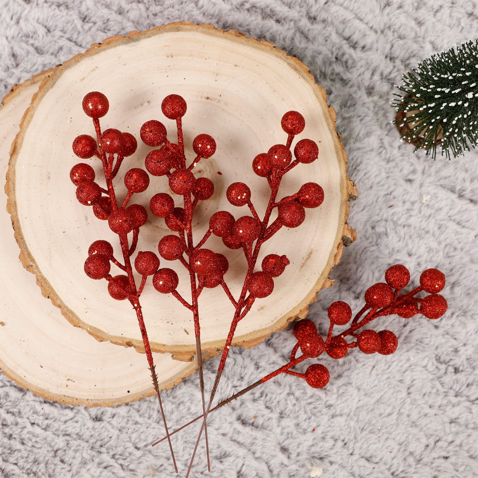 24 Pack 8 Inch Christmas Glitter Faux Winter Berry Sprigs, Artificial Sparkin…