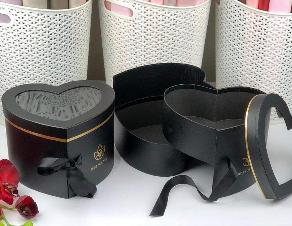Premium Quality Heart Shape Flower Box, Floral Gift Box, 2 Tier, with Lid, Black