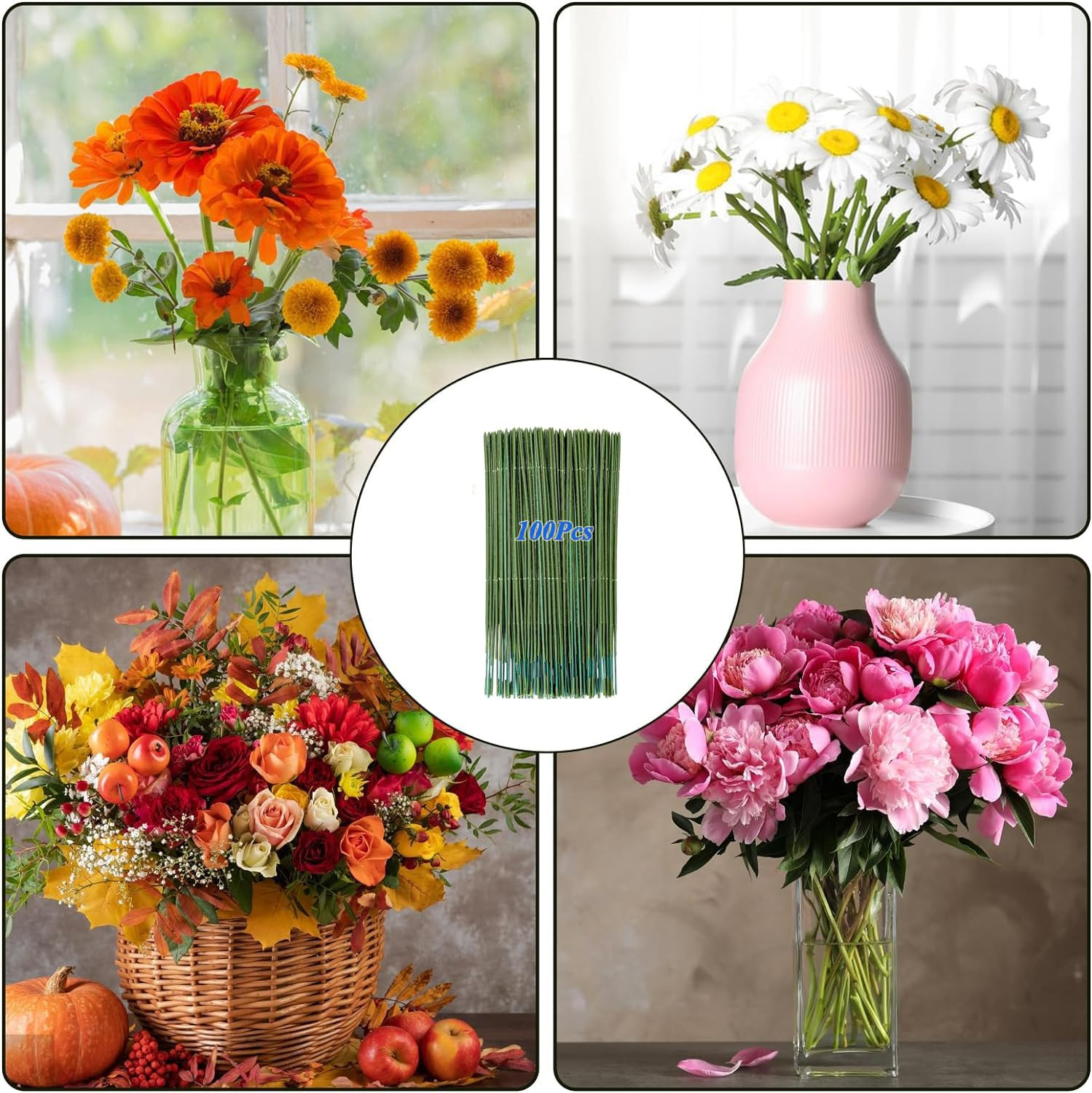 100Pcs Plastic Floral Stems Wire, Artificial Flower Rod, Green Crafts Wire Wreat