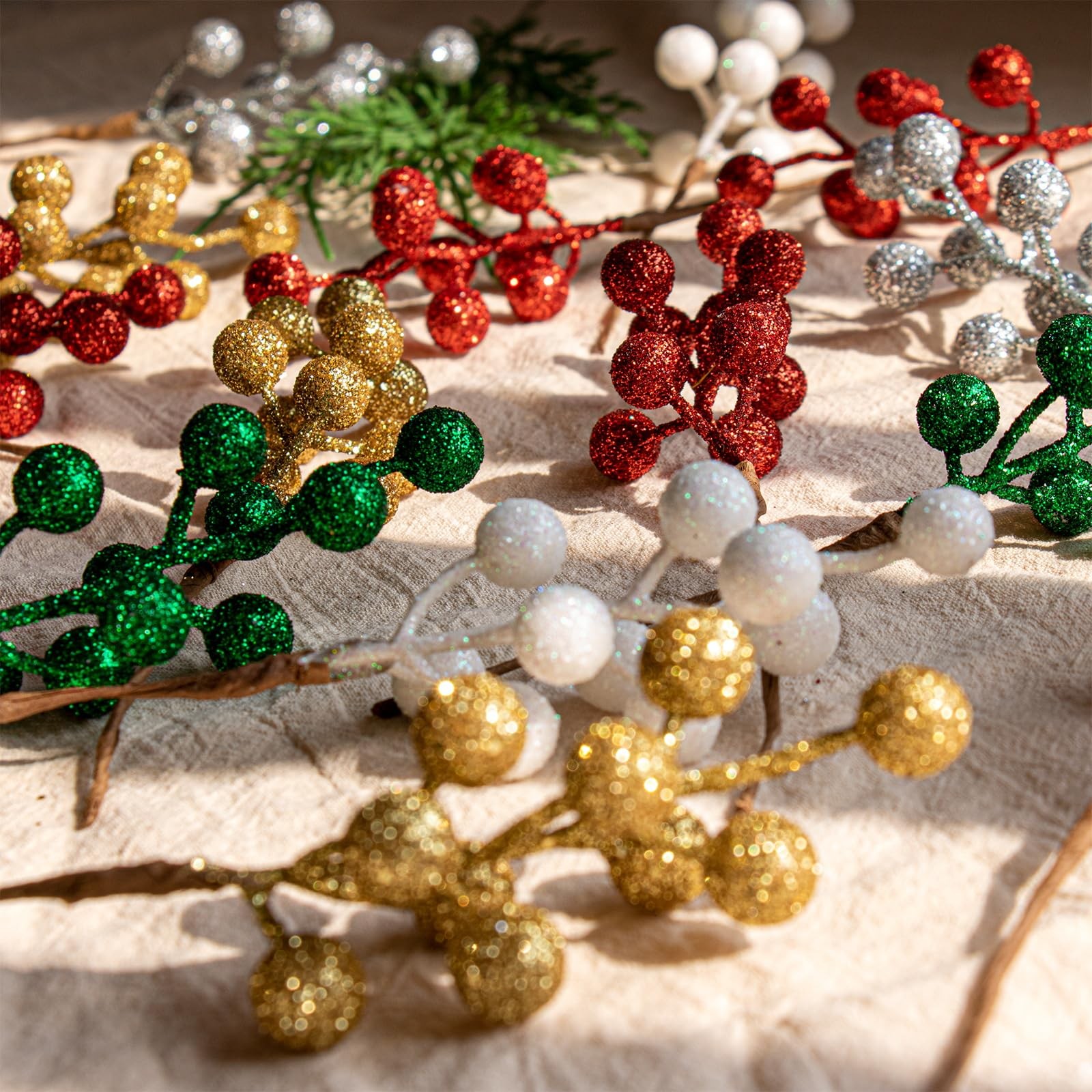 32 Pack Glitter Christmas Picks 6.5 Inch Christmas Berry Stems White Artifici…