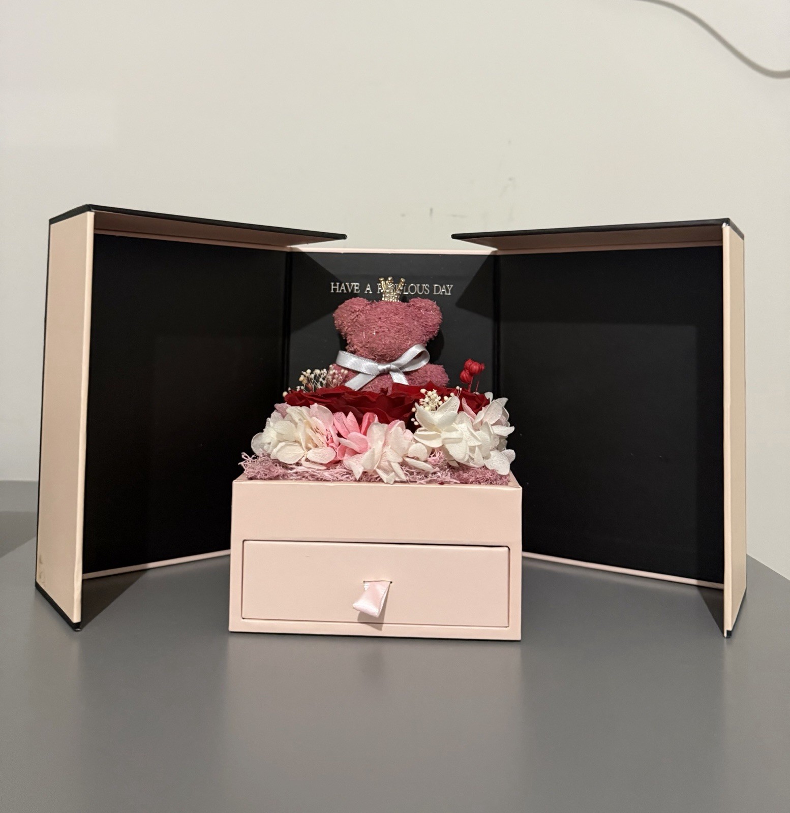 Artificial Rose Flower Box Arrangement Centerpiece w/ Teddy Bear & Drawer