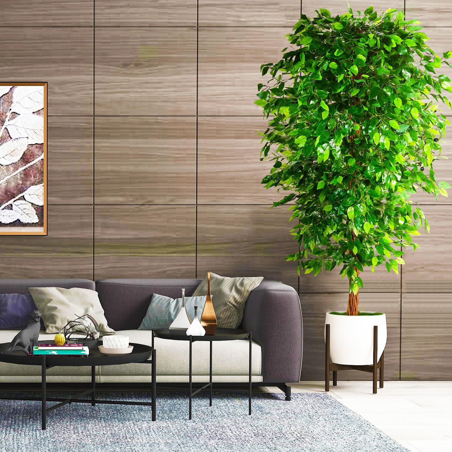 OXLLXO 7ft Artificial Ficus Silk Tree (82in) with Plastic Nursery Pot Faux Tr…