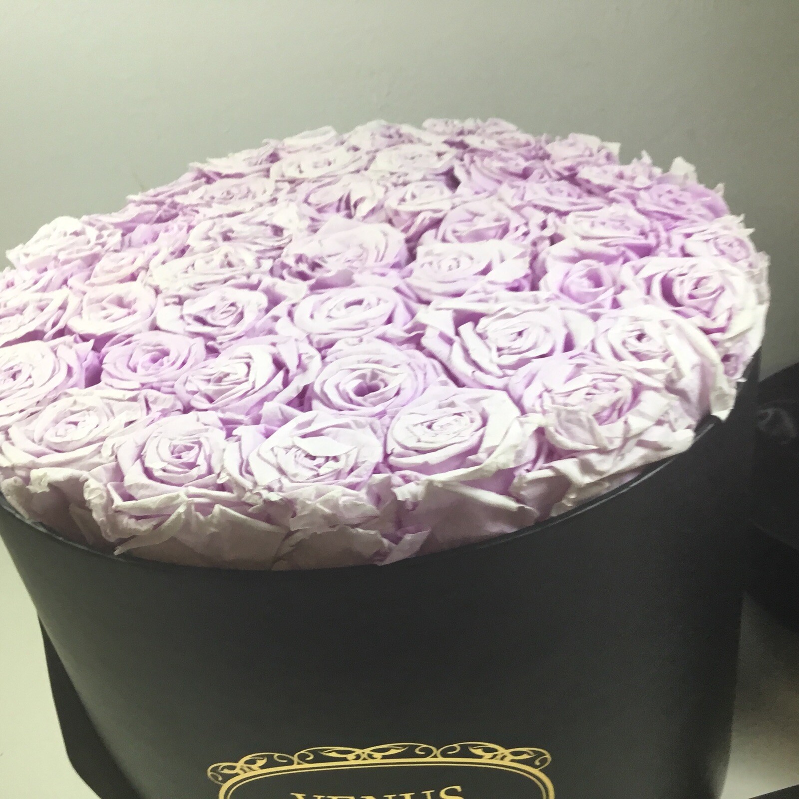 Venus Et Fleur Large Flower Box Black Gold Lettering Violet Roses9”tall 12”dia.