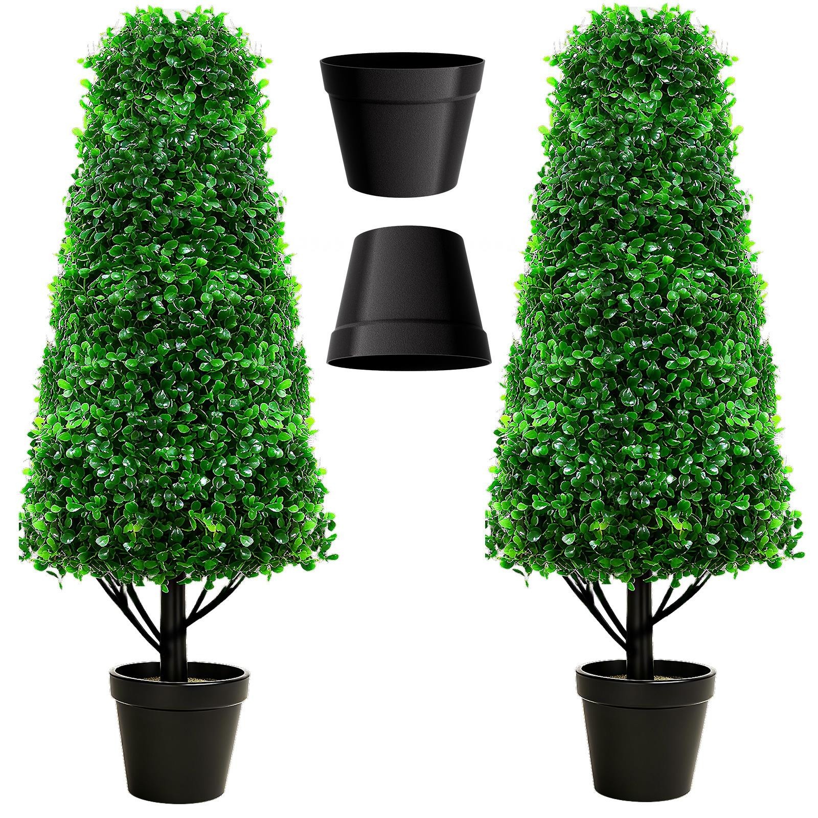 4′ Artificial Boxwood Cone Topiary Tree 2Pcs Faux Tree with Replaceable Leaves
