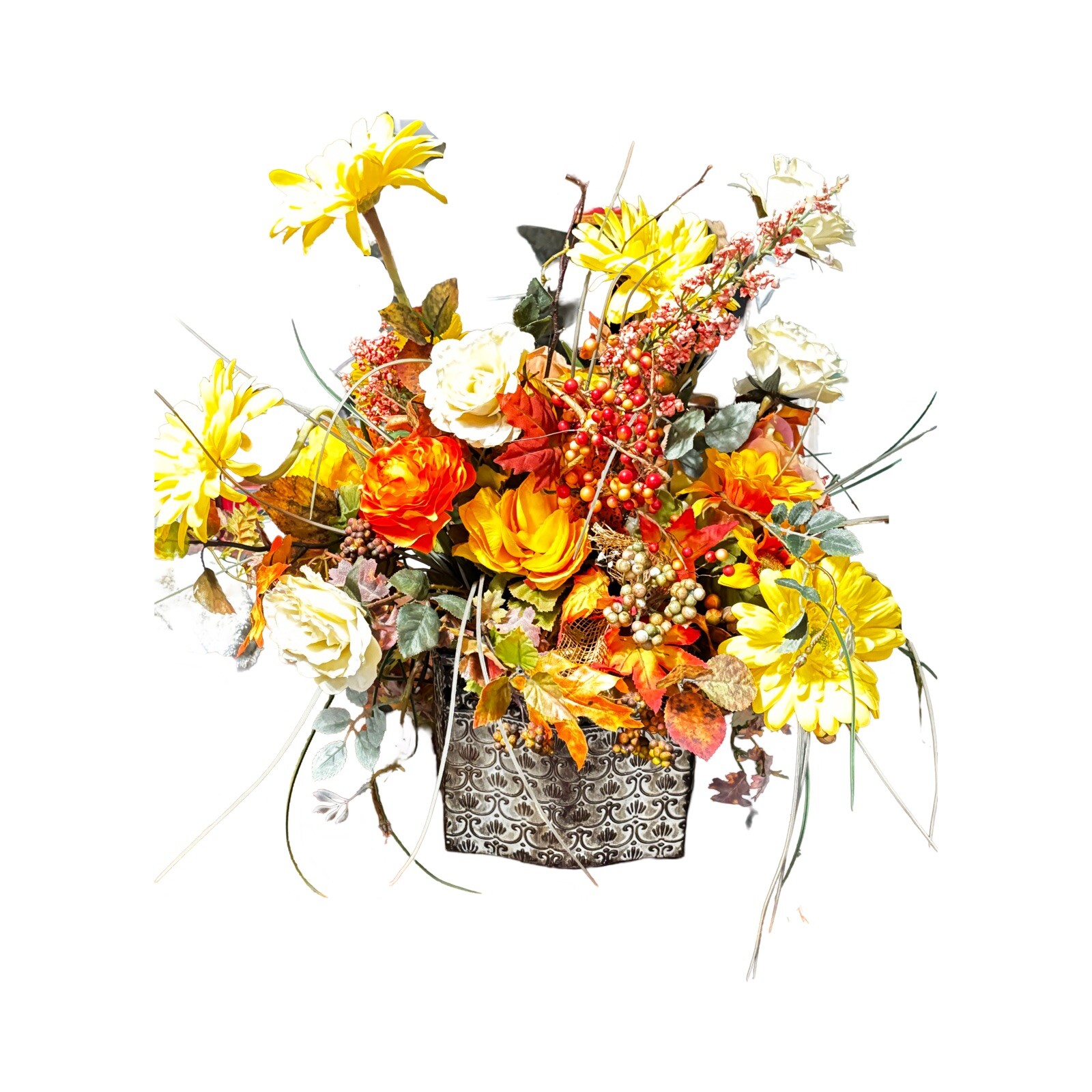 Fall Silk Flower Arrangement Preowned Orange/Gold/Green Centerpiece
