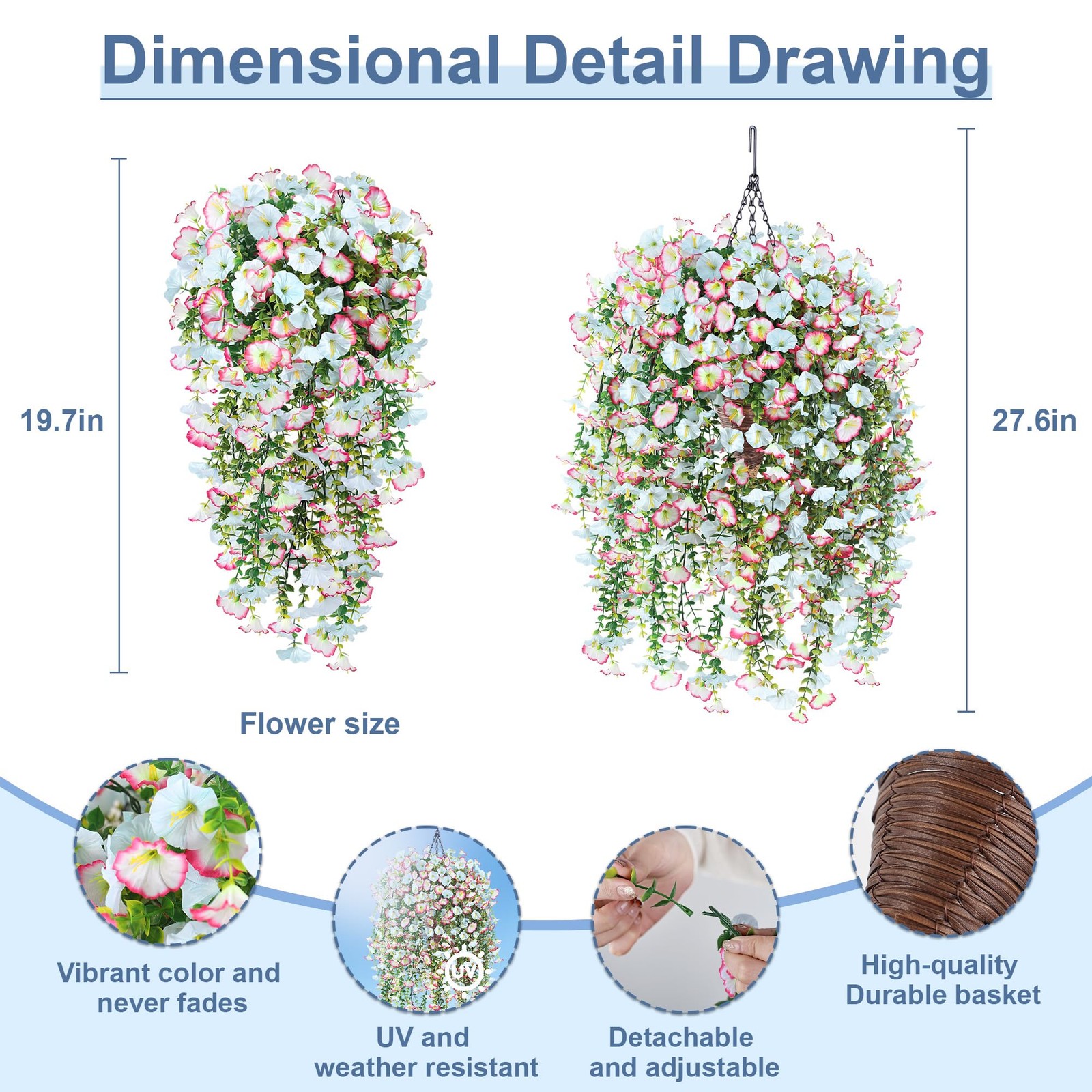 Artificial Hanging Flowers with Basket, 480 Blooms UV Resistant Faux Morning …