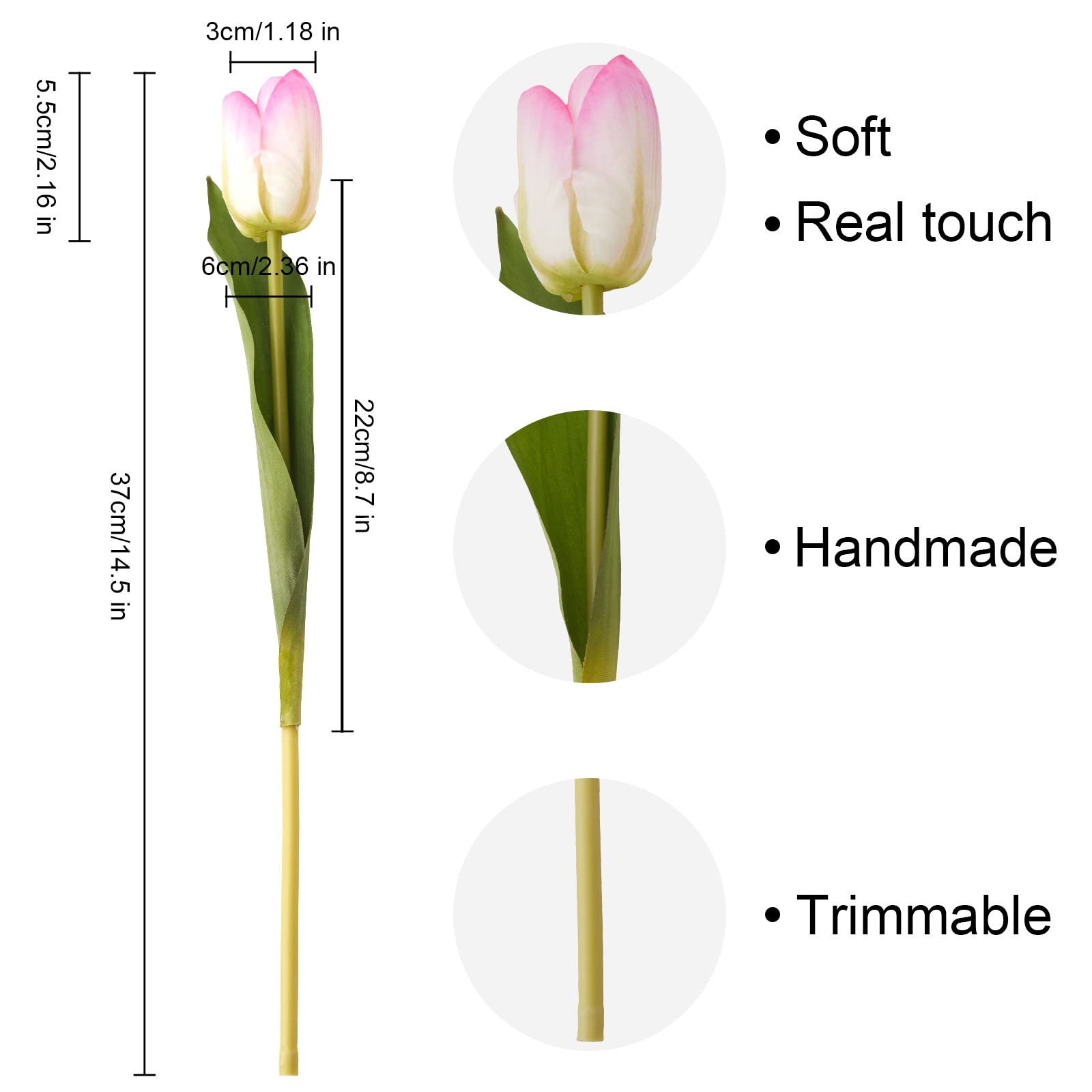 20 PCS Pink Green Artificial Tulips Real Touch Faux Flower Moisturizing