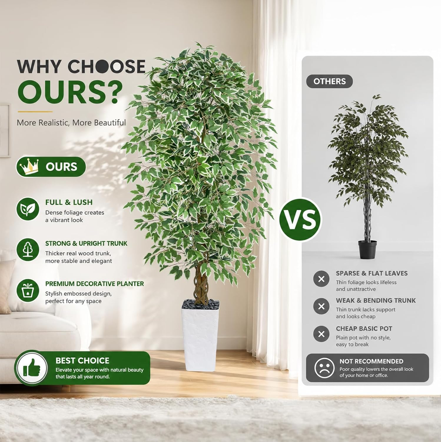 6FT Artificial Ficus Tree, Tall Fake Ficus Tree with Natural Wood Trunk & Silk L