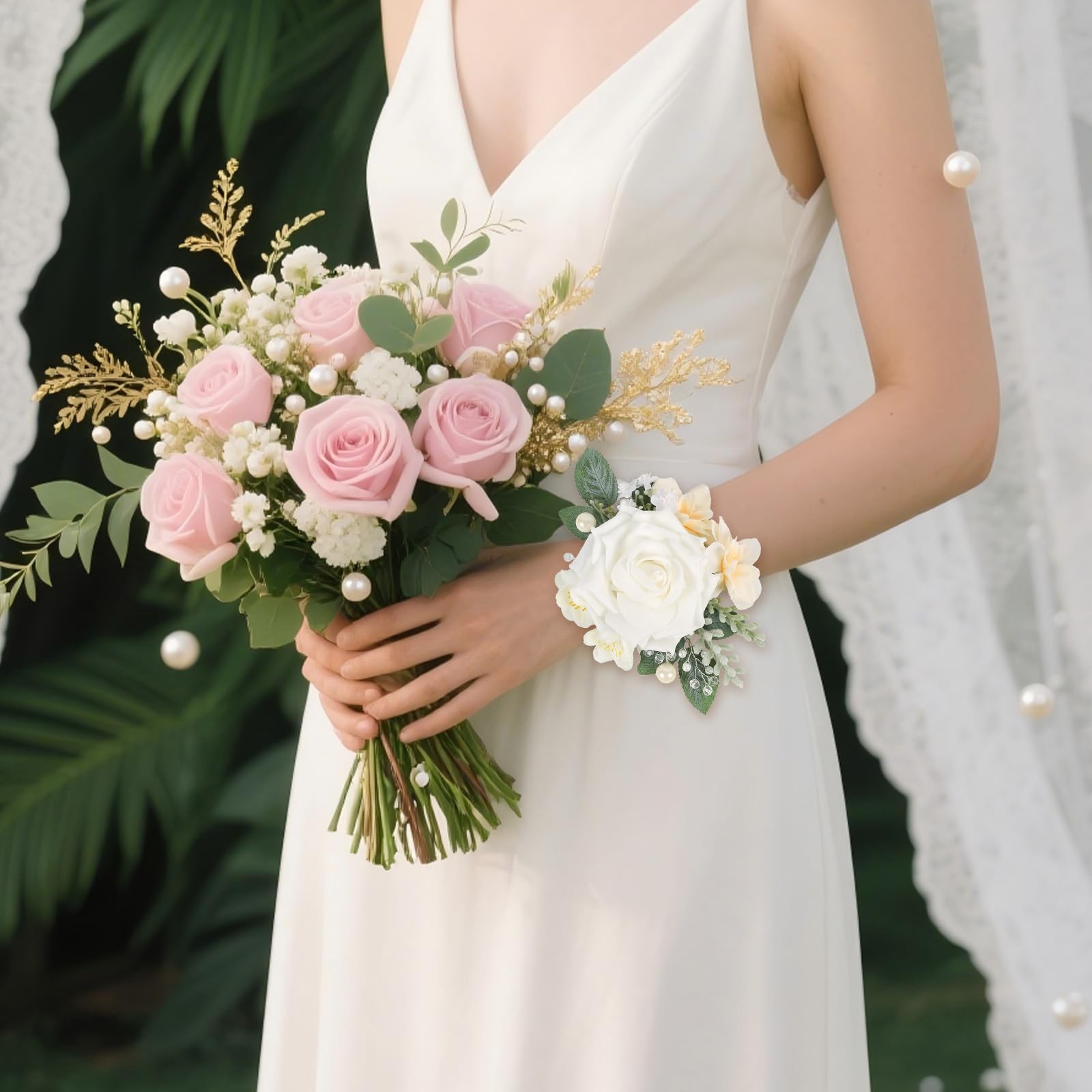 2 PCS White Rose Wedding Corsage Boutonniere Set Wristlet Bride Groom Prom