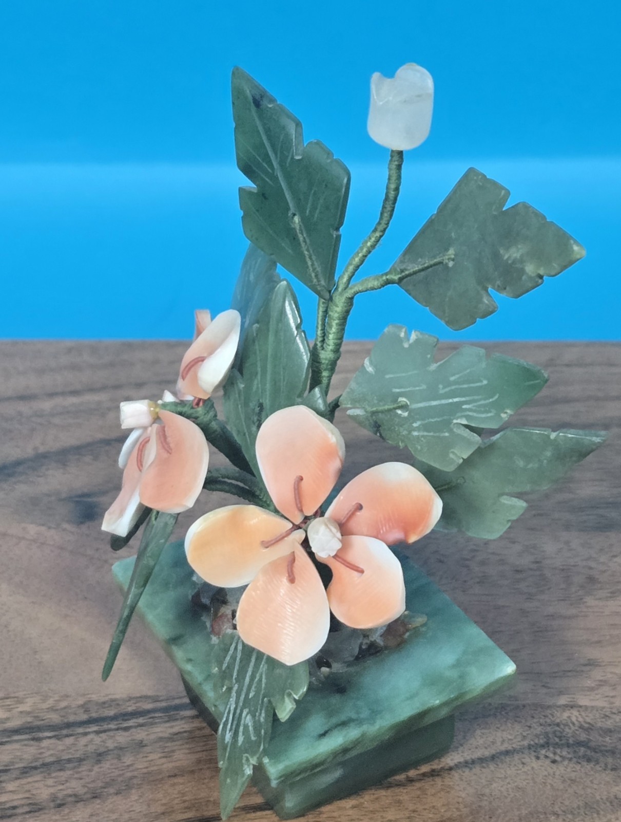 Vintage Jade & Shell Flower Arrangement – Handcrafted Bonsai-Style Floral Sculpt