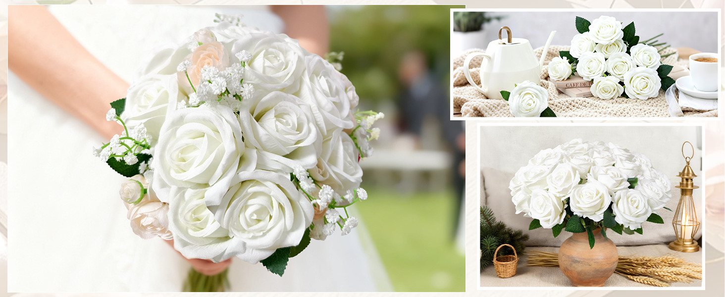 100Pcs White Roses Artificial Flowers with Stems，Fake Roses Bouquet Fake Flowers