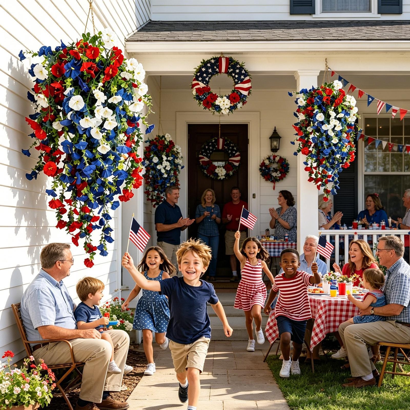 2026 Red White Blue Hanging Flowers Patriotic Faux Basket 4th July Porch Decor