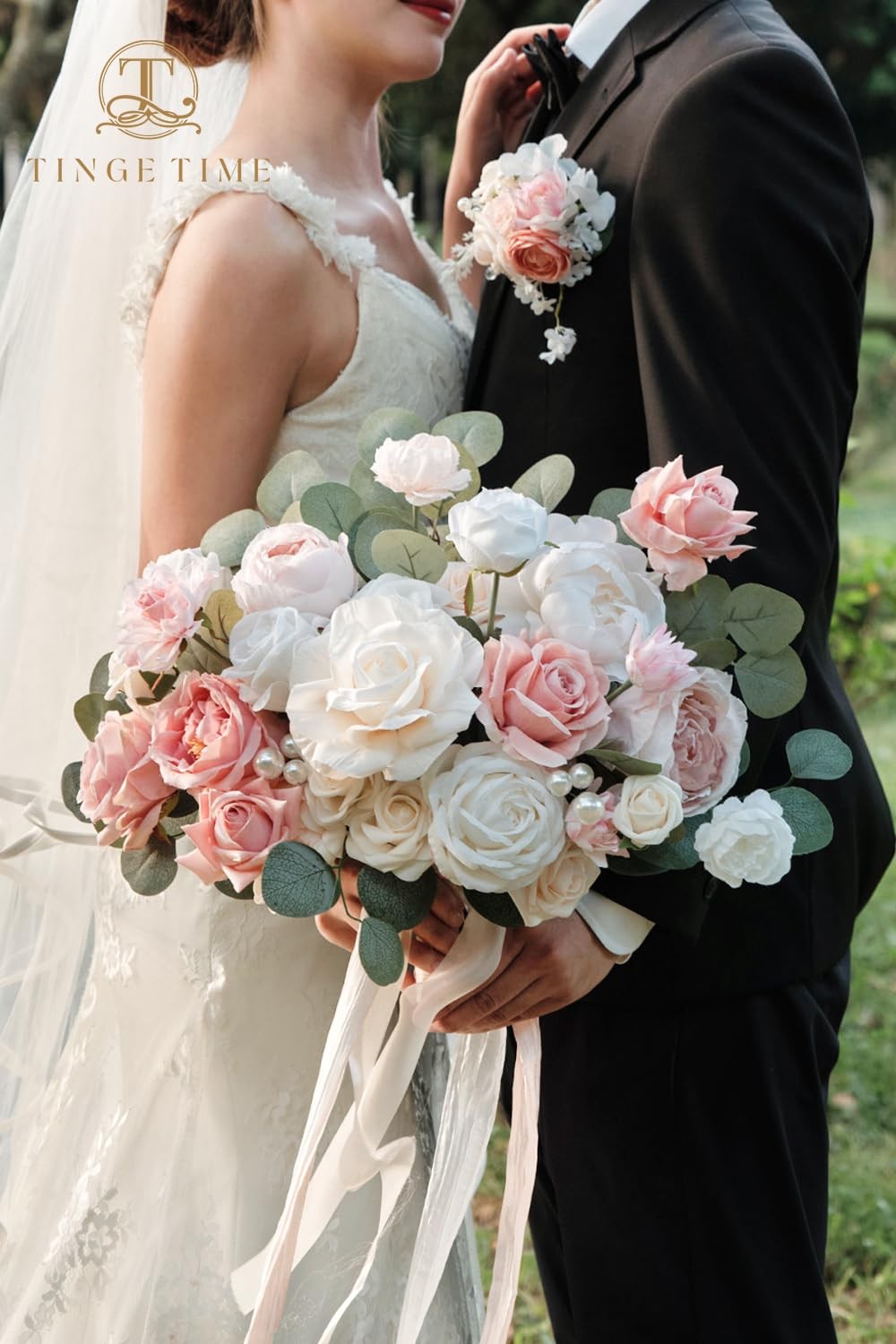 11 Inch Wedding Bouquets for Bride，Champange&Pink Artificial Flowers Bouquet，…