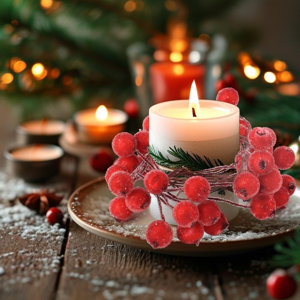 200PCS Artificial Holly Berries Wired Stems Artificial Flowers 12MM Frosted F…