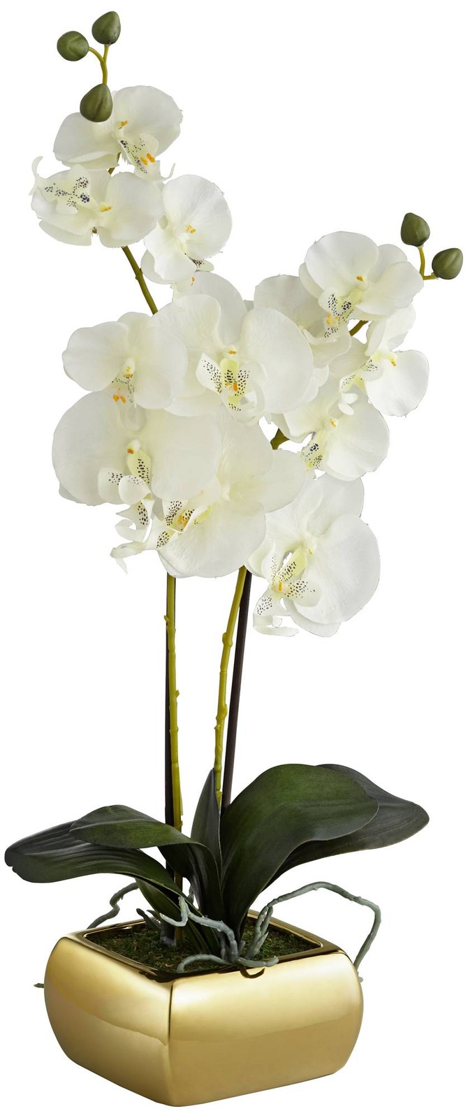 Potted Faux White Orchid Artificial Flowers Greenery in Gold Pot for Home Decor