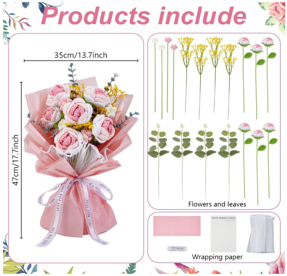 Handmade Gift for Valentine’s Day Crochet Flower Bouquet Pink Gradient Rose