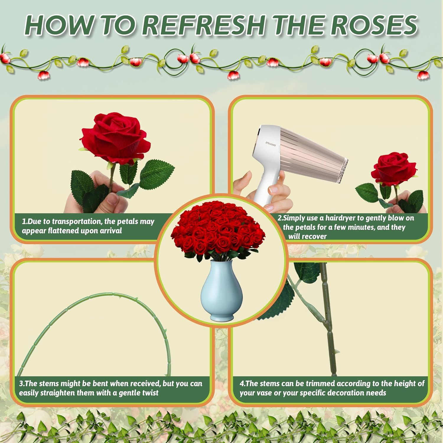 50 PCS Artificial Red Roses – Realistic Silk Flowers for Weddings & Home Decor
