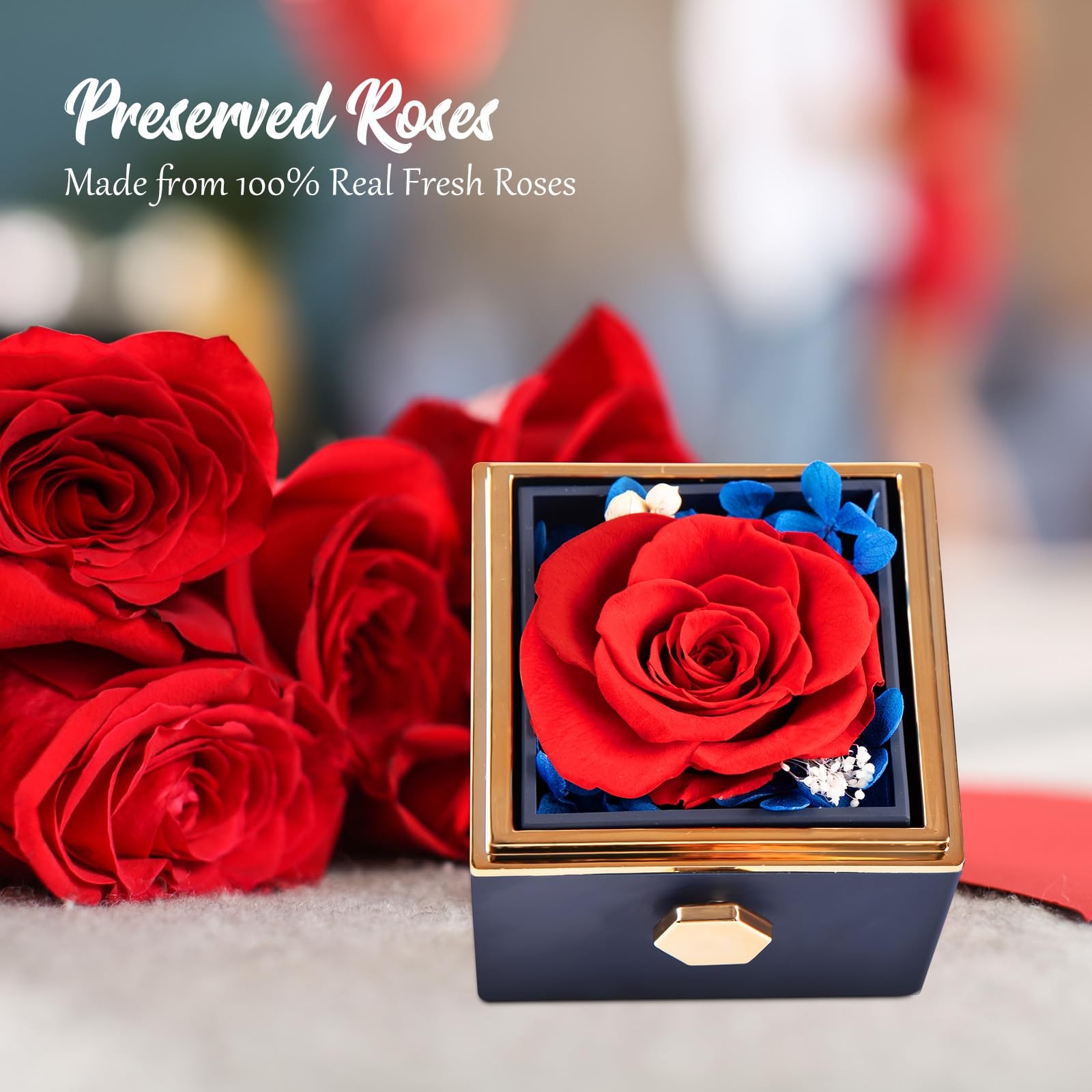 Preserved Real Red Forever Rose Rotating Box with I Love You Necklace 100 Lan…