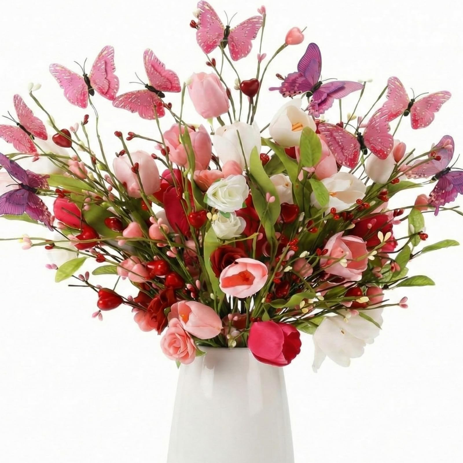 12 Pack Artificial Flower Decor, Tulips & Roses Bouquets with Butterfly Heart…
