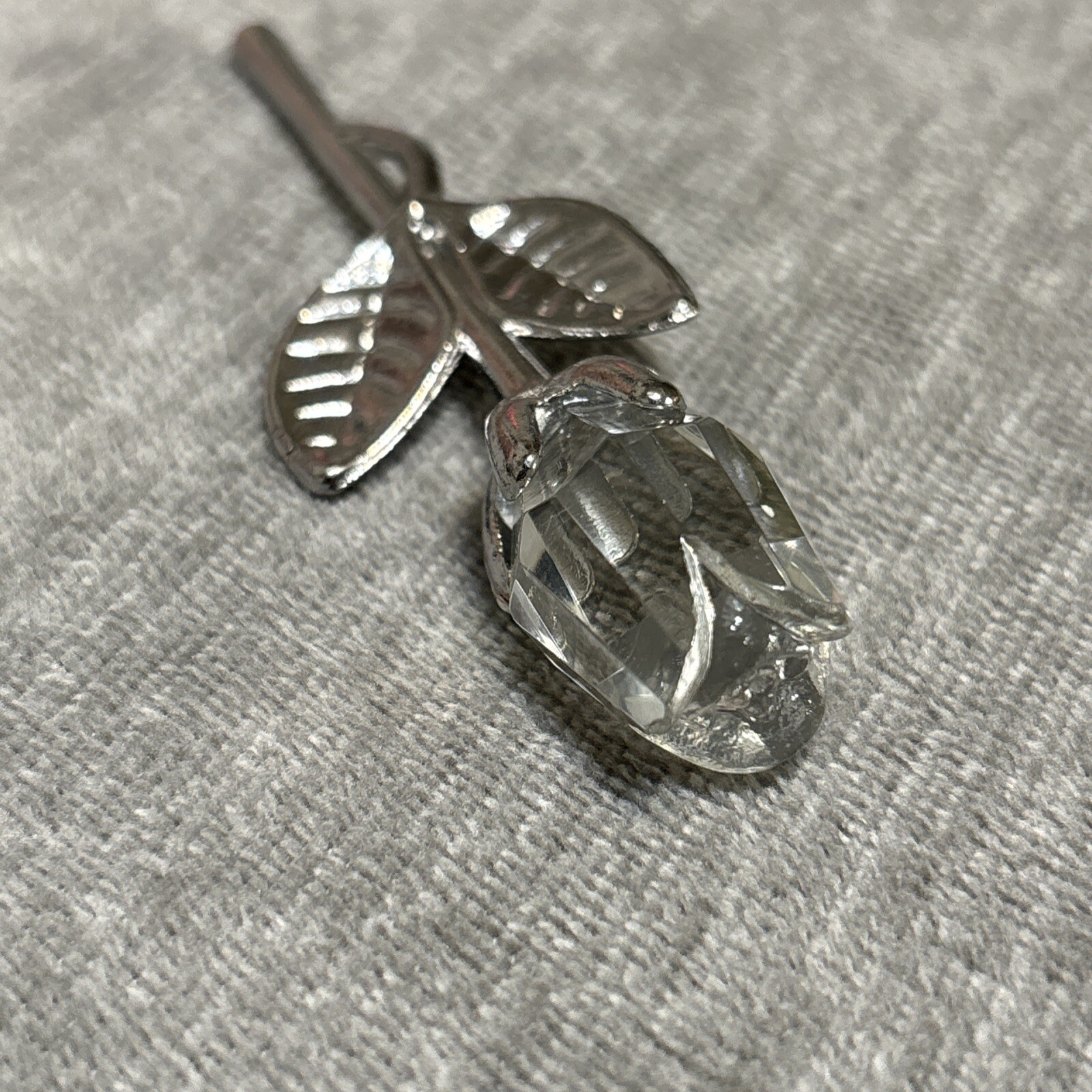 Artificial Crystal like Rose Flower Silver Colored Leaves Romantic Paperweight
