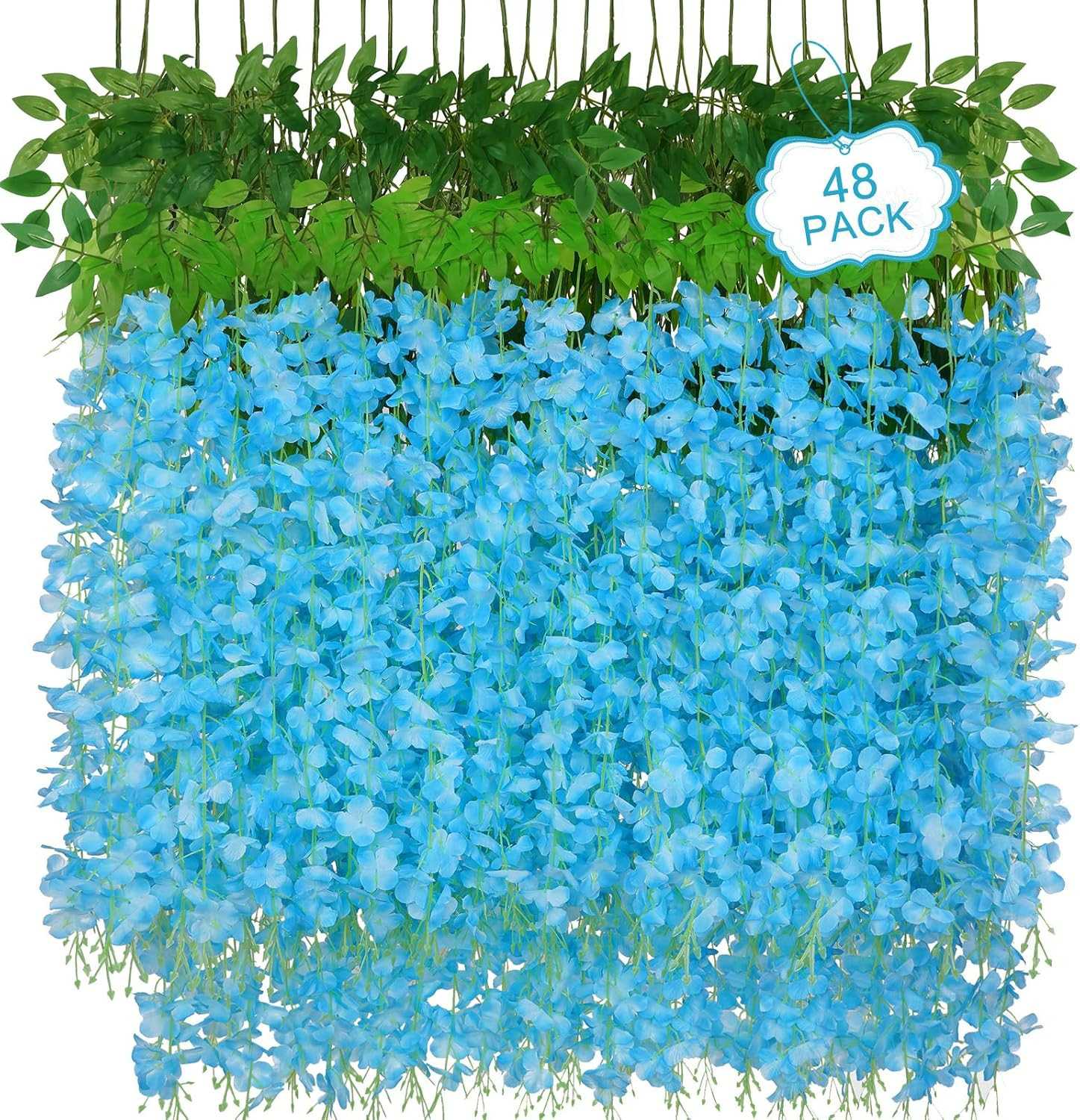 48Pcs Blue Wisteria Garland – 3.6Ft Fake Flowers for Wedding & Home Decor