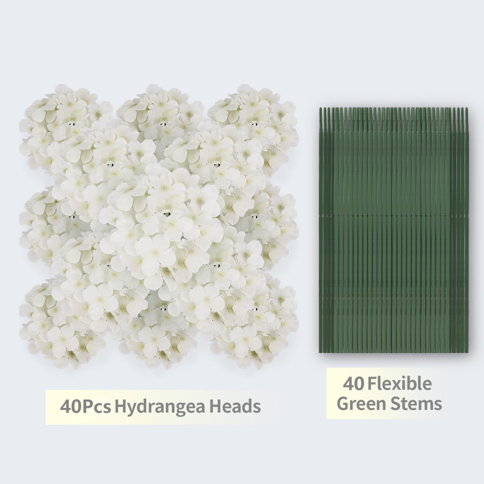 DIYPOP 40 PCS Ivory Silk Hydrangea Flowers, Detachable Heads + 8-Inch Wired S…