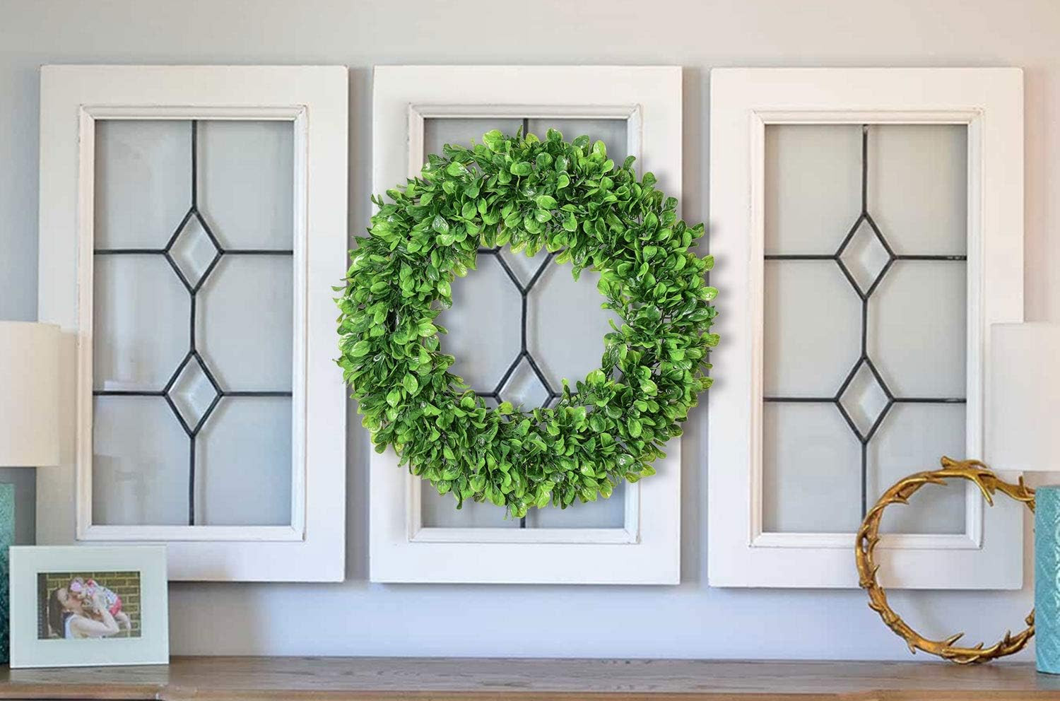 20″ Artificial Green Leaves Boxwood Wreath for Front Door Wall Farmhouse Decor