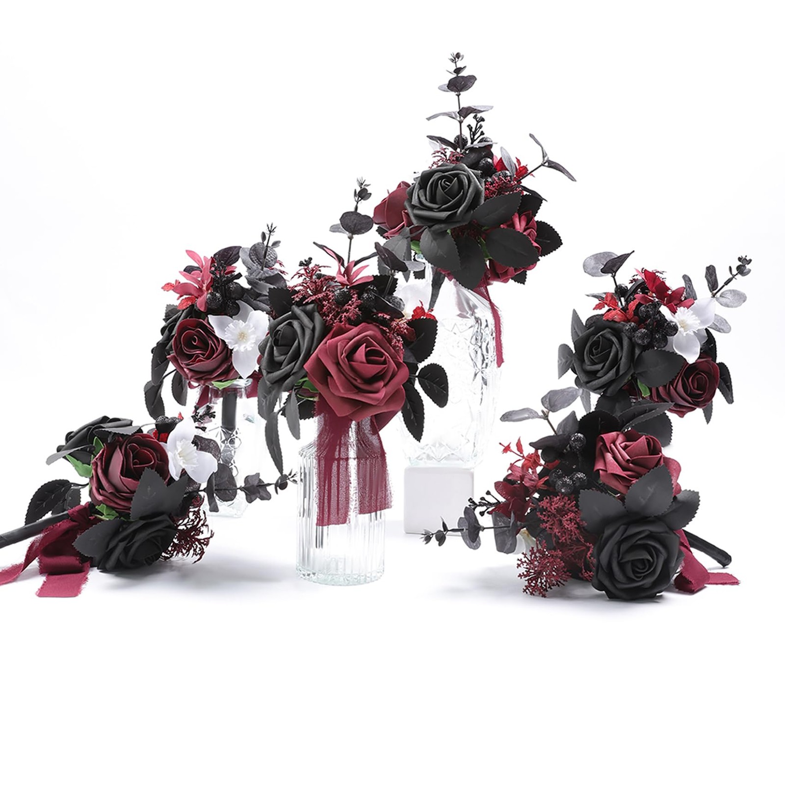 Wedding Flowers Fake Rose Mini Bridesmaid Bride Bouquets Black Burgundy Set o…