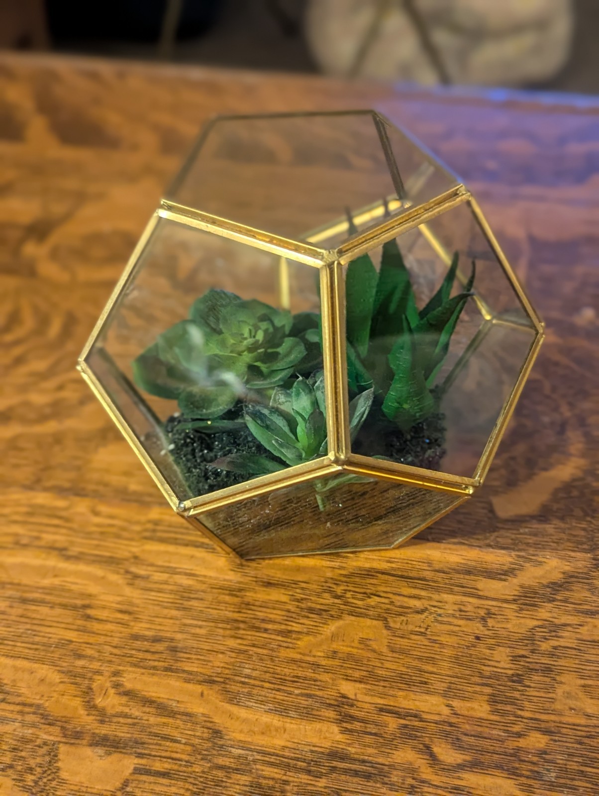 Glass And Brass Terrarium With Faux Plants Small