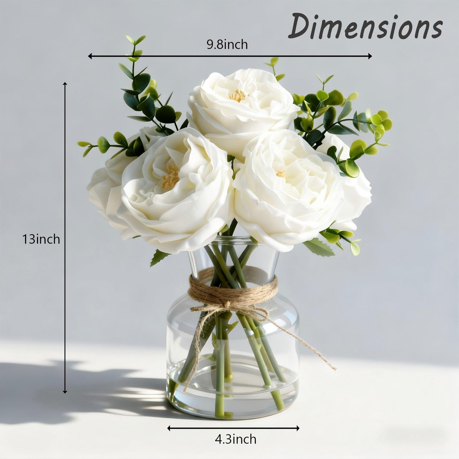 Elegant White Artificial Roses in Vase w/ Faux Water Lifelike Flower for Wedding