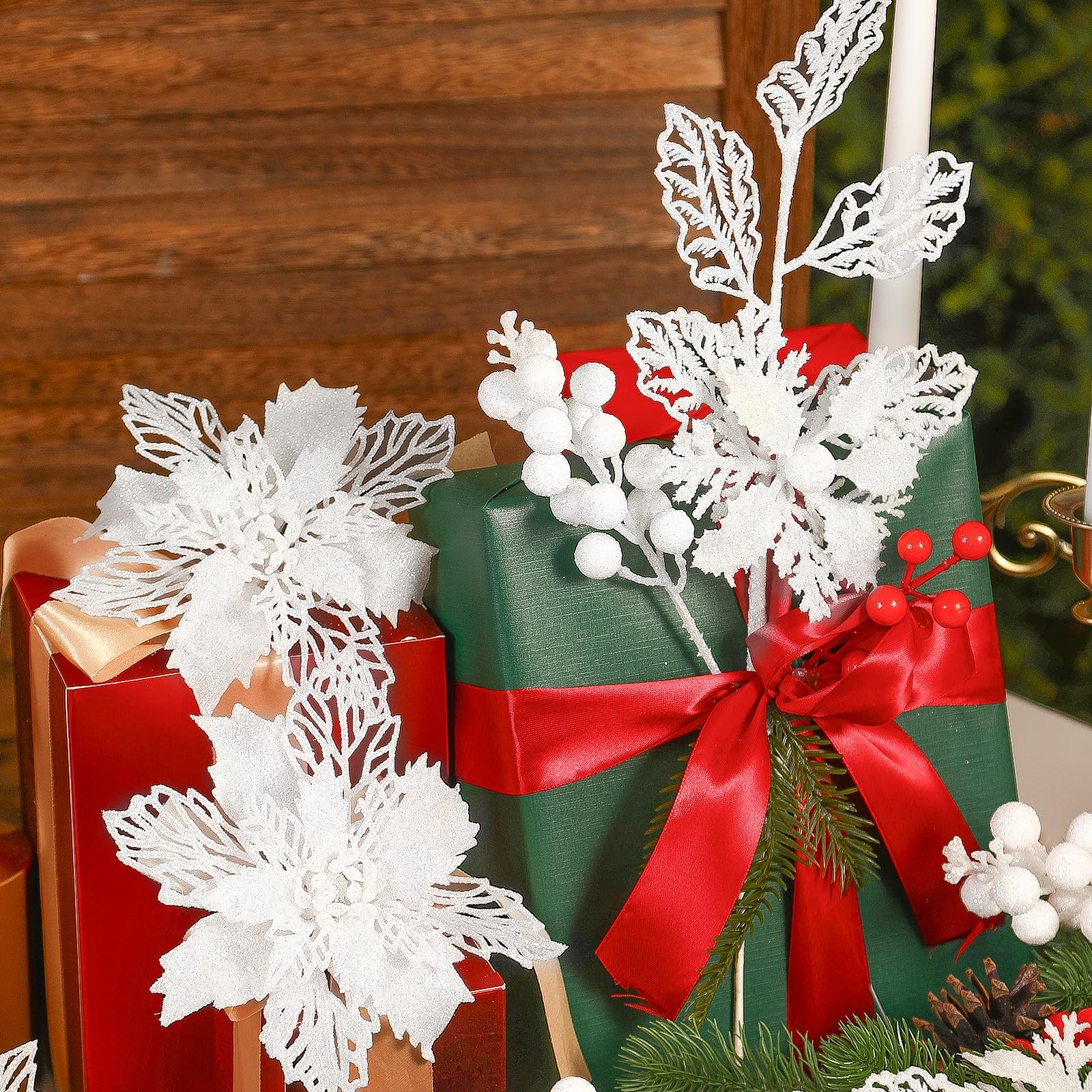 24 PCS Christmas Tree Decorations, 12 PCS Poinsettia Flowers Artificial+6 PCS…