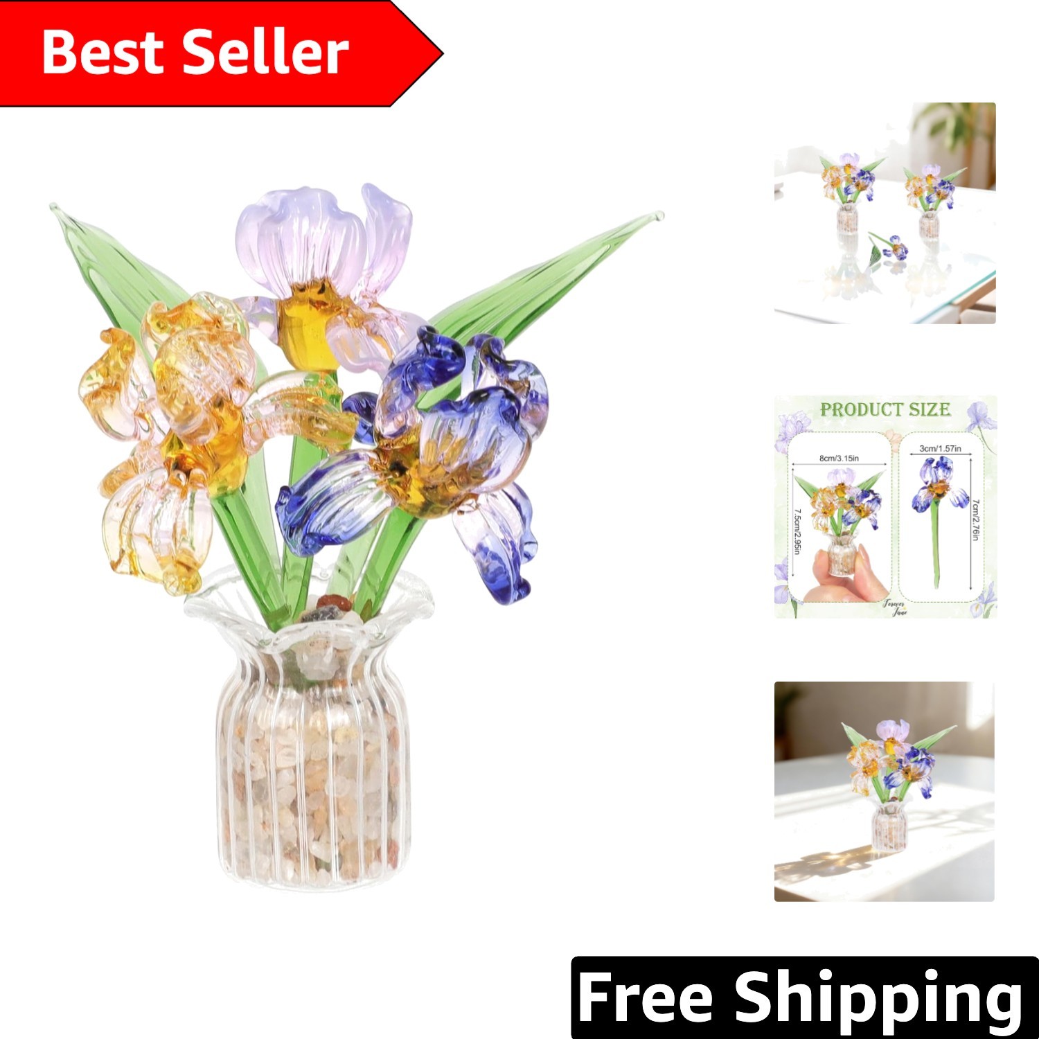 Colorful Handmade Mini Glass Flower Bouquets with Vase – Charming Centerpiece