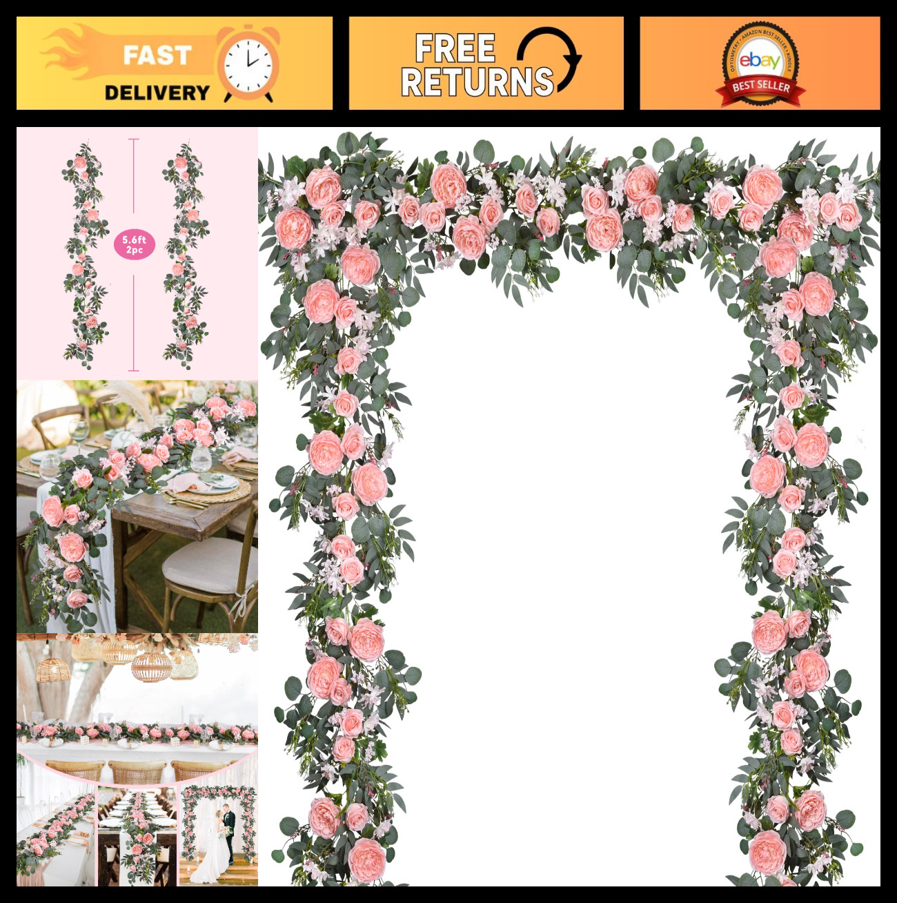 2Pcs 6ft Artificial Peony Flower Garland with Eucalyptus – Wedding Party Decor