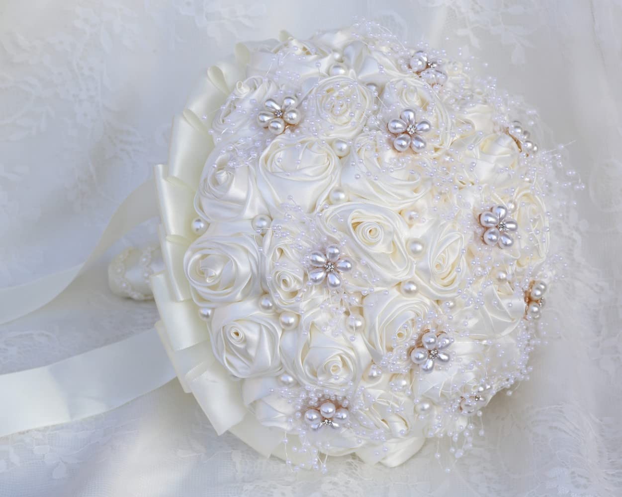 Ivory Bridal Wedding Bouquet Handmade with Rhinestone Pearl Ribbon Satin Rose…